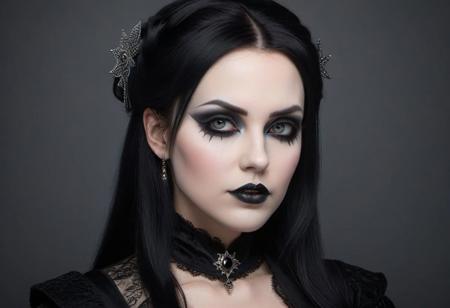 Realistic Style - Face Focus: Create a highly-detailed portrait of a busty goth woman in realistic style, showcasing intricate facial features, emphasizing her gothic allure against a blank background.