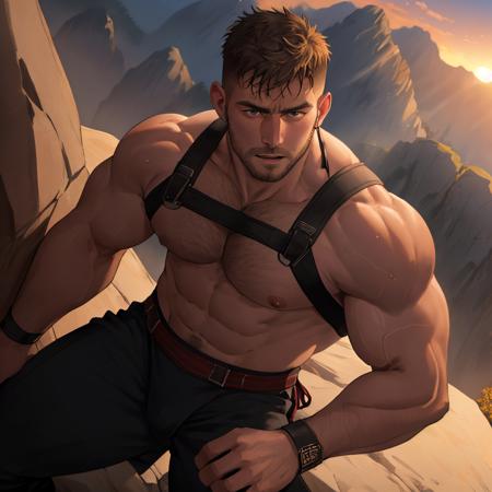 close-up body portrait, seen from above, handsome male, masculine, beefy, burly, skimpy outfit, (rock climbing:1.1), mid climb, masterpiece, high quality, highres, HDR, 8K absurdres, sunset, beautiful caustics, sweaty, struggle expression, looking at viewer,