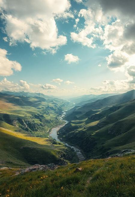 Generate a breathtaking panoramic landscape featuring rolling green hills, distant mountains, and a winding river snaking through the valley below. The sky is filled with fluffy white clouds illuminated by soft sunlight, creating a sense of depth and atmosphere. Focus on capturing the textures of the grass, rocks, and water, as well as the interplay of light and shadow across the terrain.  Render in a photorealistic style with high detail and vibrant colors. 8k resolution, cinematic lighting, inspired by Ansel Adams and Thomas Cole.