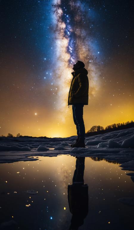 Milky Way. Night sky with stars and silhouette of a standing happy man with yellow light. Space background, (sharp focus:1.2), extremely detailed, (photorealistic:1.4), (RAW image, 8k high resolution:1.2), RAW candid cinema, 16mm, color graded Portra 400 film, ultra realistic, subsurface scattering, ray tracing, (volumetric lighting), extreme contrast, intricate details, reflections on ice, reflections on water, water pouring down