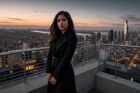 a photorealistic image inspired by the cerebral and visually stunning style of Christopher Nolan's films. Envision a sleek, modern cityscape at twilight, where a young, South Asian woman stands atop a high building, overlooking the sprawling metropolis below. The scene should capture Nolan's trademark blend of realism and grandeur, with architectural structures bathed in the cool, ambient light of the setting sun. The woman's expression is thoughtful and resolute, suggesting an inner turmoil or a momentous decision. The city below is a maze of light and shadow, reflecting the complex narratives typical of Nolan's storytelling. The image should be shot as if on an IMAX camera, with a wide, expansive frame and crystal-clear detail to emphasize the vastness and the intricate beauty of the urban environment