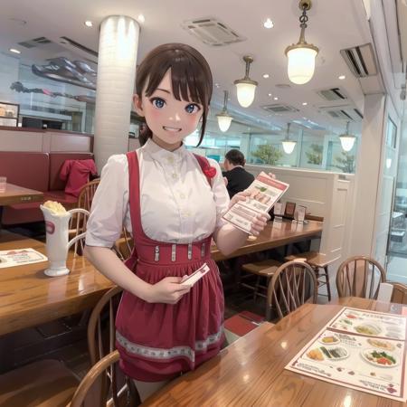 best quality, ultra-detailed, illustration,
AMTS, AMSC, solo, waitress, smile, restaurant, indoors, looking at viewer, 1girl, short hair, grin, red skirt, red apron, chair, shirt, holding, menu, table, 
 <lora:AMSC_AnnaMillers_uniform_SD15_V3:1>