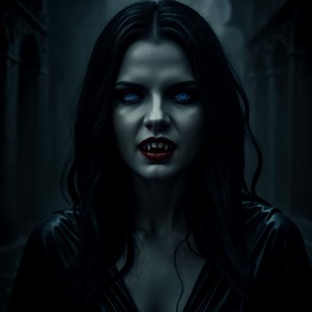 Dark Fantasy Art of  <lora:vampire fangs teeth v2 SD1.5:1.2>  Vampire Fangs Teeth
Female Vampire a wet woman with blue eyes is screaming with Vampire Fangs Teeth at night in rain while staring at camera, dark, moody, dark fantasy style