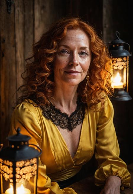 A night time photo of a beautiful woman, (50 years old:1.5), with long curly orange hair and freckles, pleasant smile, wearing a bright yellow satin dress with delicate black lace, jewelry, sitting, skinny, narrow hips, slim petite body, (medium breasts:1.3), sitting inside a cozy medieval cottage, (perfect hands:1.5), (cinematic), (dark, high contrast), (intricately detailed eyes:1.5), (subsurface scattering:0.9) lit by Victorian lanterns, full body view. shallow depth of field, vignette, highly detailed, high budget, bokeh, cinemascope, moody, epic, gorgeous, film grain, grainy, dark shadows, DarkFantasy, photo, cinematic,