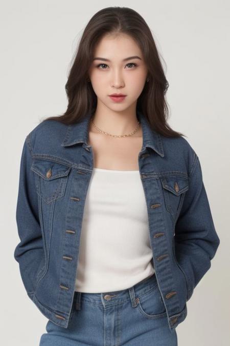 (tanktop, jeans,denim jacket), collar bone, collar cocker, perfect face shape, (perfect eyes, bright eyes, downing eyes, perfect eyes looking, downing eyes),{smirk|parted lips,teeth}), cleavage, (medium breast:1.2), looking at viewer, (shiny skin, pale skin, clear skin), (medium bob hair : 1.2), focus on face, ((white background, simple background)), (make up, blush), (dinamic pose, profesional model pose, naughty pose), (fullbody shoot)