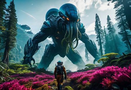 A 32k HQ Wallpaper of a futuristic spaceship crew landing on an alien world, captured in detailed clarity with high-performance camera settings and a wide-angle lens that captures the vast landscape and the unfamiliar flora. In the center of the image, the spaceship's captain strides confidently towards the foreground, flanked by a muscled, heavily armed sergeant and a pair of uniquely adept pilots. In the distance behind them, a massive creature with tentacles emerges from an exotic forest. The image is captured in vibrant, intense colors that create a mood of both awe and danger --s 1000