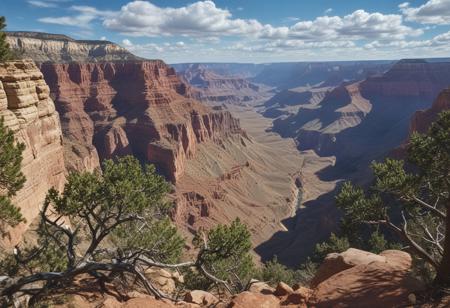 masterpiece, photorealistic, the grand canyon, scrub brush, blue sky, wispy clouds, serene, peaceful, uninhabited