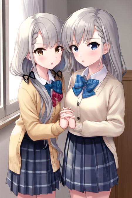 hisakawa hayate / hisakawa nagi, 2girls, :o, asymmetrical bangs, blush, bow, bowtie, braid, braided bangs, cardigan, earrings, grey hair, hair ribbon, holding hands, interlocked fingers, jewelry, looking at viewer, miroir, multiple girls, plaid, plaid bow, plaid bowtie, pleated skirt, ribbon, school uniform, shirt, siblings, sisters, skirt, skirt rolled up, twins, twintails, white shirt, yellow cardigan
  <lora:hisakawa-v2.0-r4:1>