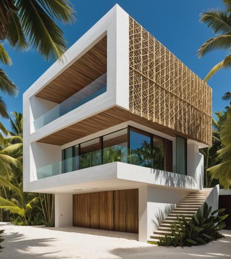 Envision a Zaha Hadid-styled, environmentally-conscious villa nestled within the bustling modern architecture of Tulum, Quintana Roo. As you approach from the entrance, the street view reveals a facade adorned with a vertical bamboo lattice, gracefully contrasting with the stone finish. Large overhangs hint at the interior's coolness, and the surrounding trees whisper tales of nature's embrace.