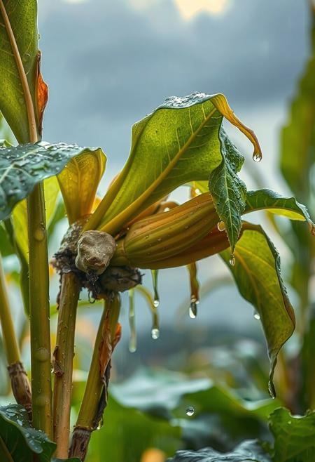 a bunch of milpa plants, with water droplets on them, milpa dripping, a Gaint milpa planting system of corn, squash, beans, wearing a milpa planting system, milpa dripping juice, milpa, milpa wall, “milpa, rainy background, raindrops, wild milpa plants, beautiful art uhd 4 k, clear liquid and snow, nature wallpaper, gems and diamond for milpa plants, rain drops, 32k, rain drops, sun shining behind the glowing clouds,
