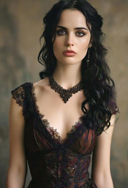 Face and Skin: Morgana has a fair complexion. Her face is characterized by a slightly angular jawline and high cheekbones.
Hair: She sports long, dark brown hair styled in loose waves. Her hair often falls around her shoulders, giving her a dramatic and somewhat mysterious look.
Body: Slender, sleek and elegant.
Eyes: Morgana's eyes are a deep, expressive brown, and they often have a slightly intense or thoughtful expression.
Eyebrows: Her eyebrows are well-defined and slightly arched, which accentuates her eye shape and adds to her overall dramatic appearance.
Clothing: Morgana's attire often consists of stylish and somewhat Gothic or Victorian-inspired clothing. She is typically seen wearing a dark-colored dress, which could include elements like lace or intricate patterns. She favors a look that combines elegance with a touch of edginess.
Accessories: She might wear subtle but stylish accessories that complement her outfit, such as a necklace or earrings.
Overall Style: Morgana has a refined, sophisticated style that leans towards the dramatic. Her look reflects a blend of elegance and mystery, fitting her character's background and personality. 8K <lora:MJ52:1>
