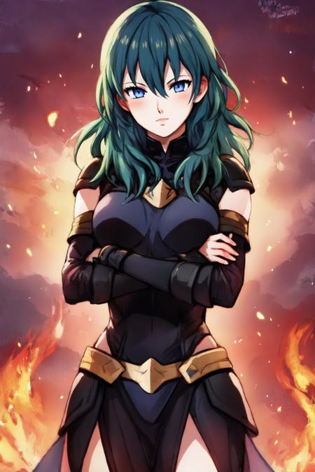 <lora:style_minacream-20:1>, cowboy shot, solo, 1girl, byleth \(fire emblem\), crossed arms, armor