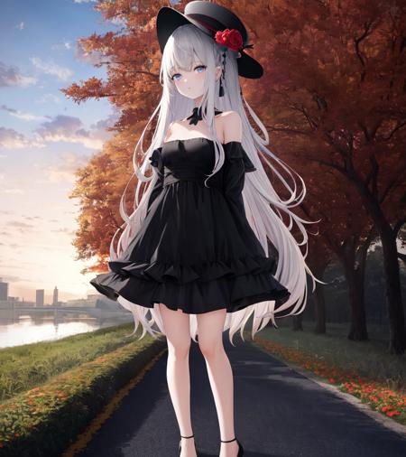 highres, (best quality:1.2), 1girl, autumn leaves, bangs, bare shoulders, black dress, black footwear, black headwear, building, cloud, day, dress, fire, flower, hair flower, hair ornament, hat, hat flower, high heels, long hair, long sleeves, looking at viewer, outdoors, red flower, red rose, rose, scenery, shoes, silver hair, sky, solo, standing, strapless dress, sunset, tree, very long hair, white legwear