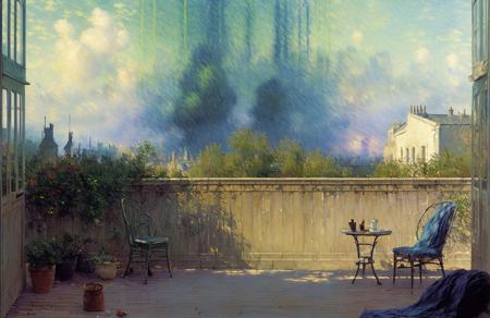 (impressionism:1.15), (john harris:1.2), parcel ,yard ,terrace , scenery,a painting,scene painting,