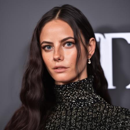 Photo of a woman with shiny long hair on the red carpet wearing a turtleneck sweater, glossy lips, Nikon Z9, realistic matte skin, skin texture visible, (sharp focus), (high quality)