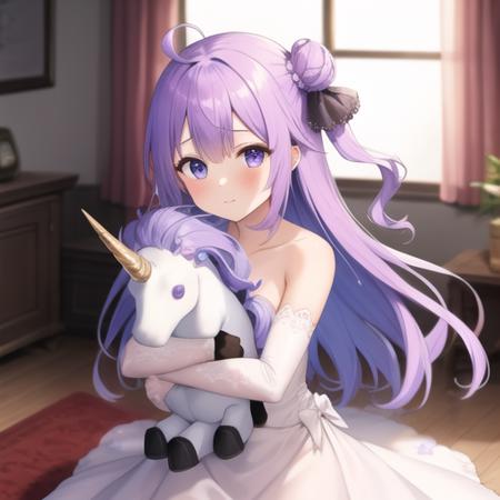 (masterpiece, best quality:1.2),illustration,8k,hd,1girl,solo,upper body,(portrait:1.2),stuffed toy,object hug,purple eyes,white dress,stuffed animal,purple hair,hair bun,stuffed winged unicorn,single hair bun,looking at viewer,ahoge,ribbon,one side up,detached sleeves,hair ribbon,white thighhighs,single side bun,bow,blush,black bow,bare shoulders,very long hair,bangs,black ribbon,<lora:Unicorn(azur)>,