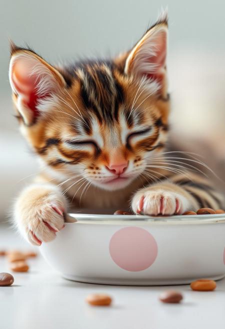 A cute kitten falling asleep into food bowl while eating