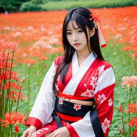 8k, UHD, beautiful fair face, beautiful fair skin, beautiful background, outdoor, Higanbana are blooming all over, flower, bloom, BREAK
japanese girl, solo, sitting, seiza, black kimono and obi sash, cowboy shot, black long hair, black eyes, <lora:higanbanaXL:1>