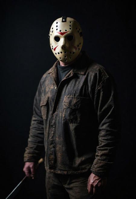 cinematic photo (Jason Voorhees), . 35mm photograph, film, full body, bokeh, professional, 4k, highly detailed, realistic, detailed, photo realistic, sharp focus, 8k, Close-up, grim smile, relaxed pose, portrait movie shot, serious, menacing, chiaroscuro style photo, dark background, minimalism, dramatic lighting, professional quality, dull highlights and shadows, natural and  original,