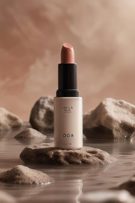 dark red lipstick, ,rock, water, reflect, no humans, depth of field, spotlight from above, red background, scenery, still life (Product Photography)  <lora:Product Photography:0.85>