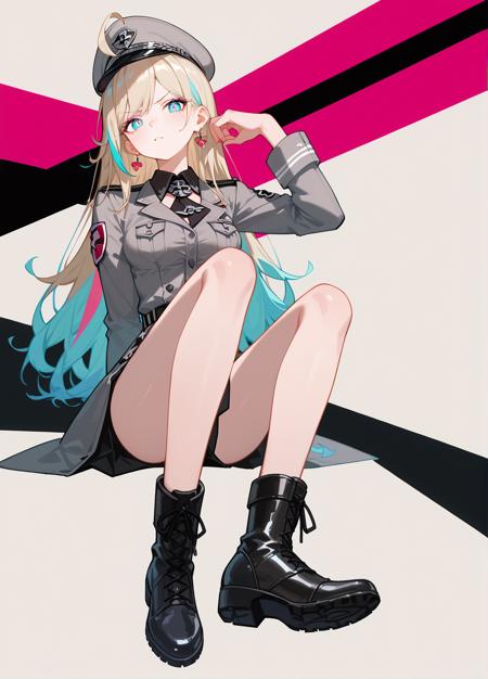 loslyn,blue eyes,pink pupil,long hair,almost blonde hair,bangs,ahoge,multicolored hair,streaked hair,eyeshadow,black bra,lace-trimmed bra,lace,black gloves,collared shirt,black skirt,pencil skirt,black pantyhose,open clothes,see-through shirt,sleeves rolled up,hair ornament,necklace,black choker,cross earrings,jewelry,