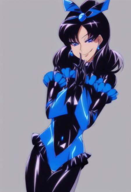 high quality, extremely detailed, perfect face,   <lora:BadEndPrecure:.9>, Bad End Precure, ((black and blue frilly bodysuit)), black winged headband, seductive smirk, glossy latex