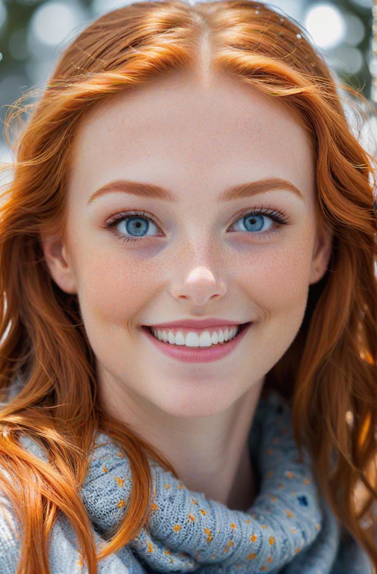 A smiling, pretty young woman with blue eyes and red hair.