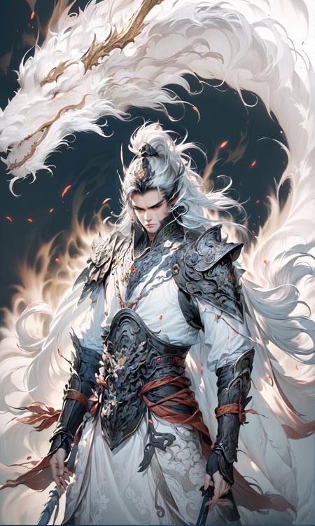 (dramatic, gritty, intense:1.4),masterpiece, best quality, 8k, insane details, intricate details, hyperdetailed, hyper quality, high detail, ultra detailed, Masterpiece, (Black background:1.5), Chinese dragon,
1boy, solo, holding weapon,holding polearm,spear,white armor,white breastplate,white shoulder armor,(full body:1.5),metallic sheen, exoskeleton, Golden metal, metallic,
long hair, (white hair:1.5),white helmet,white ponytail,
east asian architecture,
A shot with tension(Visual impact,giving the poster a dynamic and visually striking appearance:1.2),Chinese Zen style,impactful picture,
<lora:~Q?-v}Q:0.9>