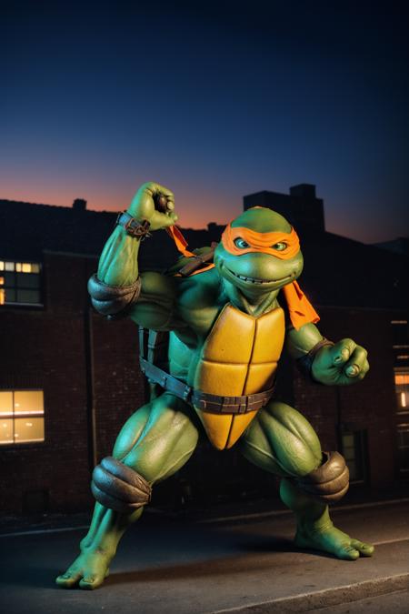 <lora:TMNTMichelangelo-10:0.8>(RAW photo, real life, absurdres, high quality, photorealistic, detailed, realistic:1.3), (solo:1.3), a high resolution photo of a TMNTMichelangelo, a teenage mutant ninja turtle with an orange bandana mask with eye-holes, fight stance pose, on a city rooftop at night, city buildings and dark night sky in background, cinematic, atmospheric, 8k, realistic lighting, shot by Hassleblad H6D, Zeiss, Kodachrome, nikon, 50mm 1.2 lens, Octane Render, ultra realistic, realistic lighting, photorealistic, photorealism, photoreal, unreal engine 5, Adobe After FX, highly detailed, intricate detail