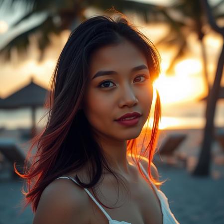 thai mulatto woman portrait,20 yo, black and red long hair style, background blurred, sunset in the background, sunny day, tropical beach