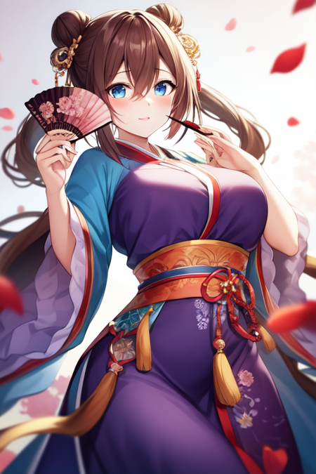 hanfu, brown hair, blue eyes, tassel, large breasts, petals, hair between eyes, hair rings, purple dress, holding fan, hair bun