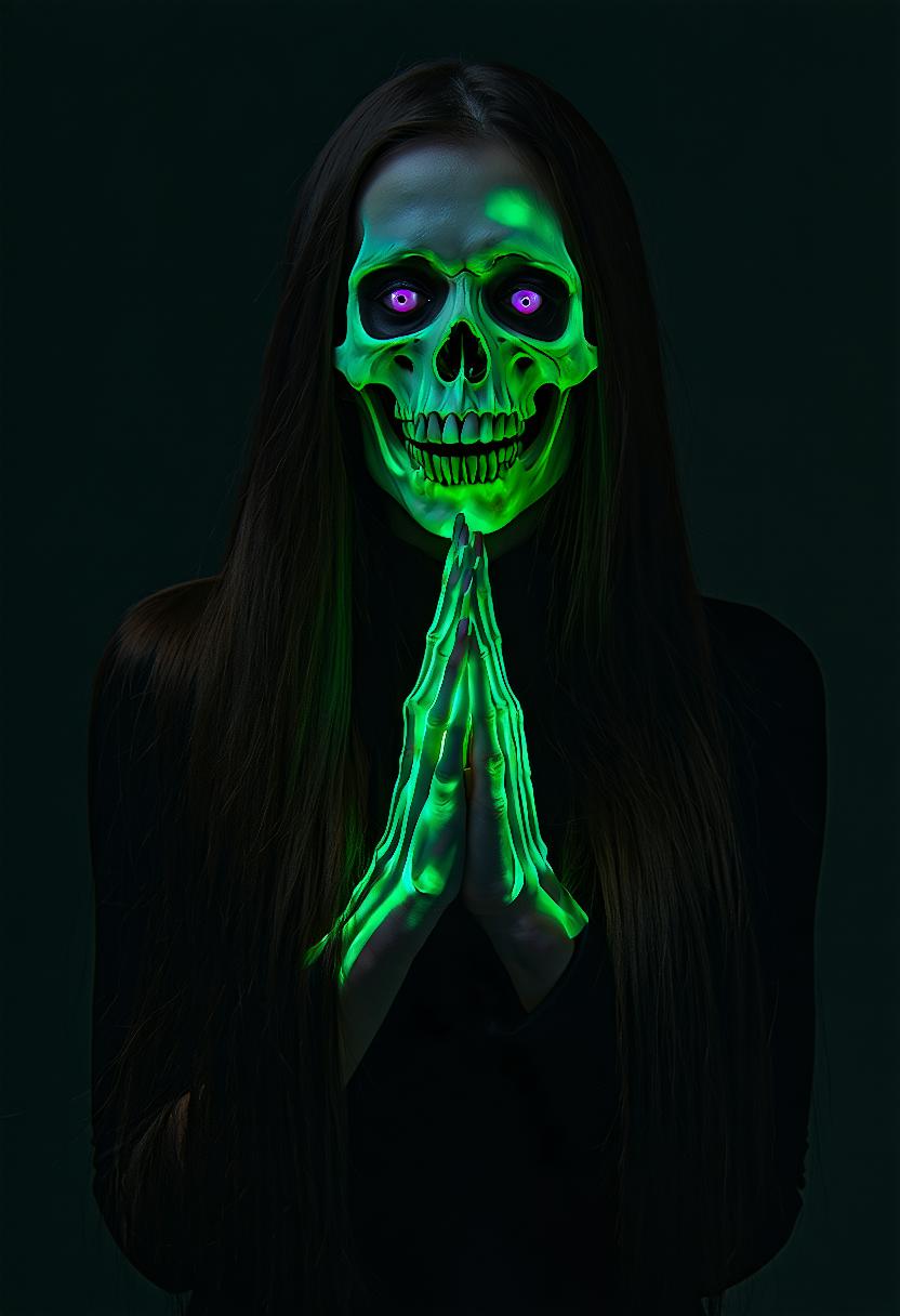 a high-resolution photograph featuring a young woman with a striking, eerie appearance, she has long, straight, dark brown hair that cascades around her shoulders, and her face is illuminated with a vivid, neon green glow, creating a striking contrast against her pale skin, her face features a skull-like face with sharp, jagged teeth and a wide, toothy grin, her eyes are large and expressive, with dark, almond-shaped eyes and a hint of purple, giving her a haunting, otherworldly look, her lips are full and slightly parted, adding to the eerie atmosphere, she is wearing a sleeveless, low-cut top that exposes her shoulders and upper chest, with her hands clasped together in front of her chest, resembling skeletal hands, the background is a solid black, which contrasts sharply with the vivid green glow of her face and hands, making her stand out vividly, the overall mood is dark and mysterious, with a focus on the woman's eerie,