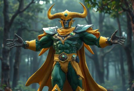 "A hyper-detailed concept art scene featuring the Marvel character Ikonn, the Golem Rock Hammer, standing proudly in a dynamic pose with arms outstretched. Dressed in a vibrant green and yellow suit adorned with a flowing yellow cape, Ikonn's head is crowned with a yellow helmet featuring prominent horns, symbolizing strength and power. Set against a Closed Forest background, the scene highlights the vivid colors and intricate details of Ikonn. Rendered in hyper-realistic 3D with Octane Render, the composition showcases sharp lines, stunning colors, and impeccable balance. Inspired by contemporary aesthetics and Grammer Effect Style, the image conveys vivid emotions and a powerful message. Trending on ArtStation, 4K, ultra-detailed, and impeccably composed."