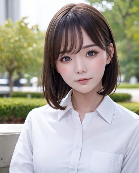 pureerosface_v1:0.03, best quality, photorealistic, 8k, high res, full color, 1girl, woman, 20 years old woman, (closed mouth:1.73), (skindentation), (portrait:0.6), trees, park bench, daylight, ((park background:1.52)), full color, ((buttonedwhiteshirt:1.58)), looking at viewer:1.8, (1girl eyes looking at viewer:1.55), (medium hair, brownhair, sweptpartedbangs:1.45), (bokeh), <lora:AAV-miru:0.69>