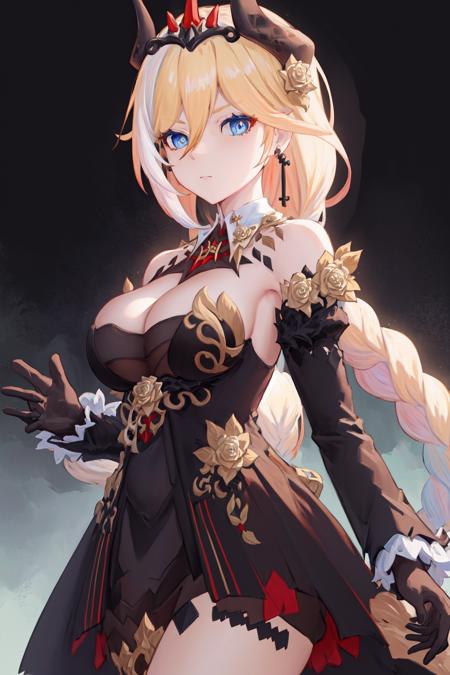 masterpiece, best quality, highres, 1girl blue eyes hair flower horns earrings braided ponytail tiara, black dress bare shoulders breasts cleavage black gloves long sleeves single thighhigh fur trim detached collar <lora:durandal_nibelungen_traumlied:1> from side, looking at viewer