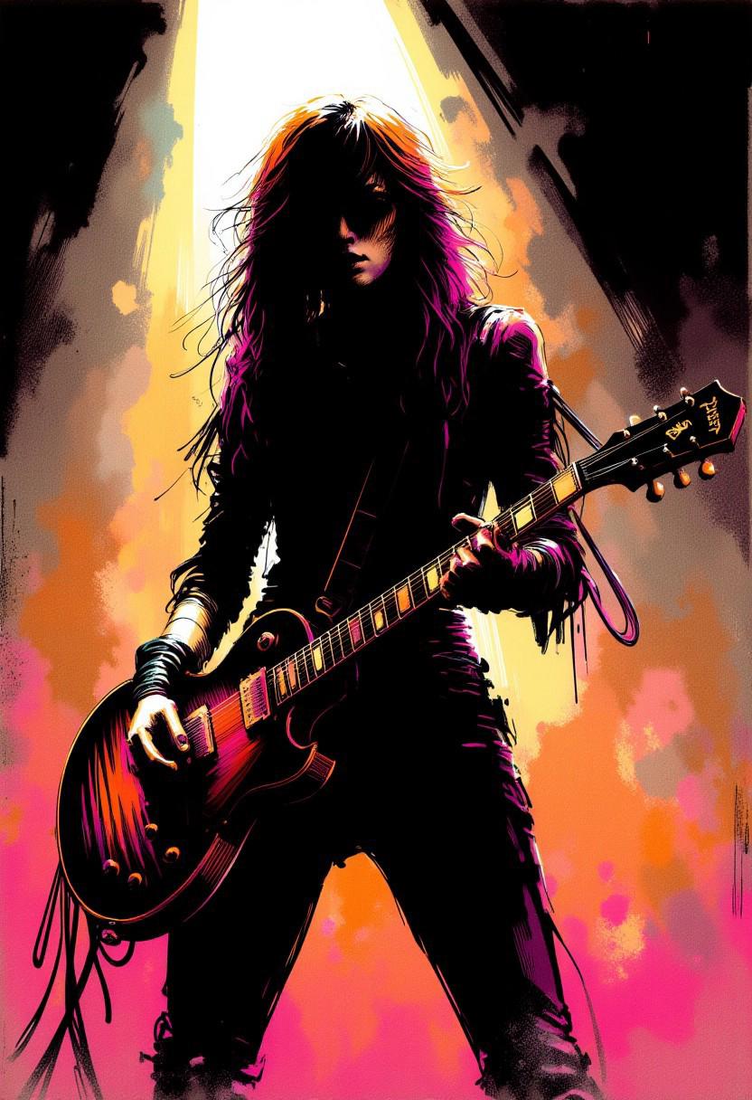 silhouette art, ck-rw, in the style of ck-rw,, Female japanese heavy metal guitarist playing guitar on stage, long flowing hair, earrings, dark eyeshadow red lips, flying V gibson guitar with black and orange flame livery, sexy aura, silhouetted light hitting one side of her, inksketch