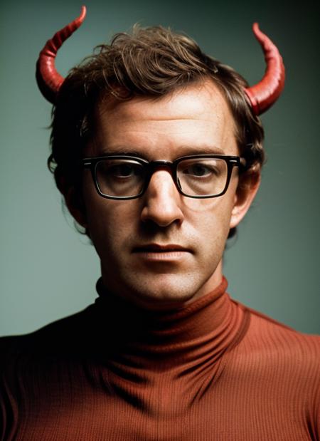 ( <lora:WoodyAllen:1>) a close up Portrait photo of (wa1) man with messy hair and glasses, Detailed face, (perfect eyes), (highly detailed skin:1.1),  body, wearing a (( Red bodysuit with devil tail, devil horn headband, )), Modelshoot style, Professional Photography, soft lighting, PHOTOREALISTIC, Realistic, standing in Fiery pits of molten lava, where souls are engulfed in eternal flames.
 background, volumetric fog,. RAW, analog style, sharp focus, 8k, HD, DSLR, high quality, Fujifilm XT3, film grain, award winning, masterpiece,