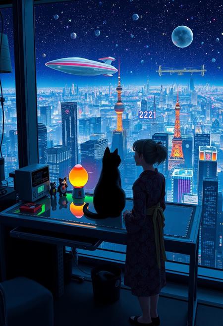 Jiji, the cat from Kiki's Delivery Service sits on a cluttered metal riveted desk with transparent top and rgb led computer components visible inside, On the desk are a maneki neko statue and a lava lamp, Jiji the Black Cat is looking out of a seamless and futuristic floor to ceiling window that looks out at a very high view from an apartment on the 400th floor of a futuristic Tokyo skyscraper, the year is 2250, The city has thousands of enormous wide and tall futuristic skyscrapers and space ships covered with lights in the sky, (((Kiki from Kiki's Delivery Service, 24 years old, is standing next to the cat looking out at the enormous city at night, filled with buildings of many shapes and sizes, some over a mile tall))), Kiki is dressed in an ornate Japanese style bath robe. An enormous deco starship with futuristic lighting and design is visible high above the city, and a space station is visible in the background among the stars, The woman's hair is messy from just waking up and tied up with a ribbon. Artistic cyberpunk, dynamic perspective, The focus is on Jiji and Kiki standing together looking out the window at the view together, (((overall architectural aesthetic is Art Deco Cyberpunk))).  Mt Fuji can be seen in the far distance,