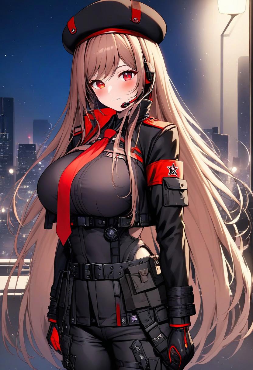 Rapi, (very long hair), brown hair, sidelocks, red eyes, big breasts, muscular body,
black jacket, cropped jacket, black shirt, red ascot, utility belt, belt pouches, (black cargo pants), gloves, (black beret), badges, headset mic, radio,
<lora:rapi:1>,
cowboy shot, looking at viewer, light smile, closed mouth, blush,
(city background), night time, dark