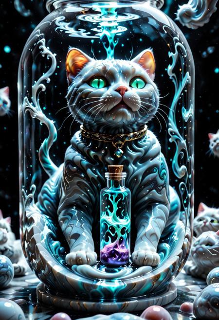 score_9, score_8_up, score_7_up, masterpiece, amazing quality, best quality, very aesthetic, absurdres, very awa, hyper-realistic, ultra-HD, perfect composition, cinematic lighting, volumetric lighting, raytracing, ambient occlusion, extreme close up, cat inside glass vial, 
BREAK
Marble Potion Vial, a cat swimming inside a swirling liquid, glass vial, iridescent glow, mystic aura,