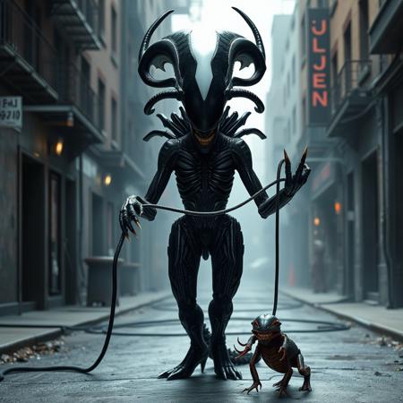 Create a realistic image of the Alien Queen in full stature. She is depicted in a powerful pose, with her characteristic black exoskeleton and large antenna-like formations on her head. In her hands, she holds a leash, on which a Facehugger is being led, looking menacing and unusual against the backdrop. The interaction between the Queen and the Facehugger creates an atmosphere of strength and danger. The background features dark, industrial streets with hints of a sci-fi environment. The photograph should capture the grandeur and power of both beings, as well as their symbiosis