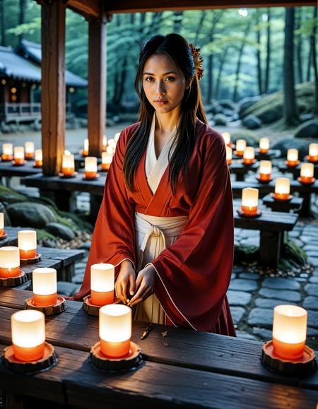 Realistic image of a beautiful woman, Asian woman, dark hair, <lora:Ai_Lotus:0.75>,,<lora:muromachi86:0.6>, Candlelit autumn shrine: a white-and-red-robed shrine maiden lighting lanterns along a mossy stone path, swirling amber leaves, flickering candles creating dancing shadows on ancient wood beams, 35 mm f/2, low-light high ISO with natural film grain. ,photo Fantasy art combining the styles of Boris Vellejo and Luis Royo, Photorealistic, real photo, god rays, 1girl, 21yo,realistic, ,Sexy pose, erotic pose, exhibitionism, ,hot air balloon festival
