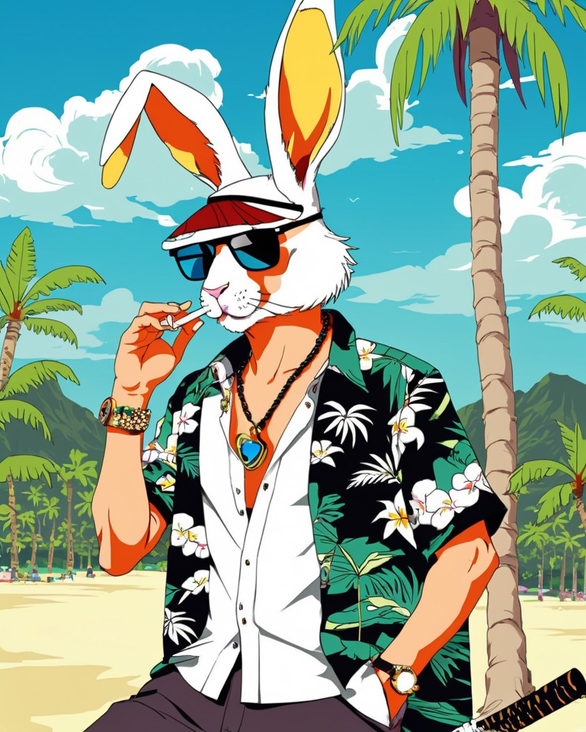 best quality,  solo, shirt, hat, animal_ears, jewelry, upper_body, male_focus, open_clothes, collared_shirt, artist_name, ...