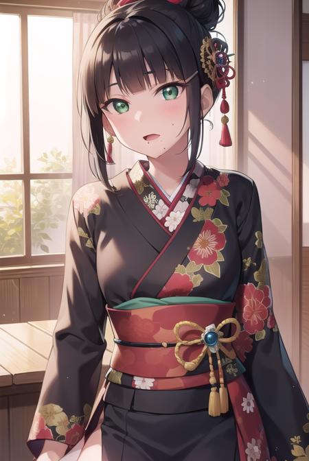 diakurosawa, <lora:diakurosawa:1>, dia kurosawa, black hair, (green eyes:1.5), blunt bangs, grey skirt, hair ornament, hairclip, mole, mole under mouth, (small breast:1.2),
BREAK collarbone, floral background, floral print, frilled sleeves, frills, hair bun, hair ornament, hair stick, hair tubes, headpiece, japanese clothes, kimono, my mai tonight, obi, sash, sidelocks, single hair bun,
BREAK looking at viewer,
BREAK indoors, classroom,
BREAK <lyco:GoodHands-beta2:1>, (masterpiece:1.2), best quality, high resolution, unity 8k wallpaper, (illustration:0.8), (beautiful detailed eyes:1.6), extremely detailed face, perfect lighting, extremely detailed CG, (perfect hands, perfect anatomy),