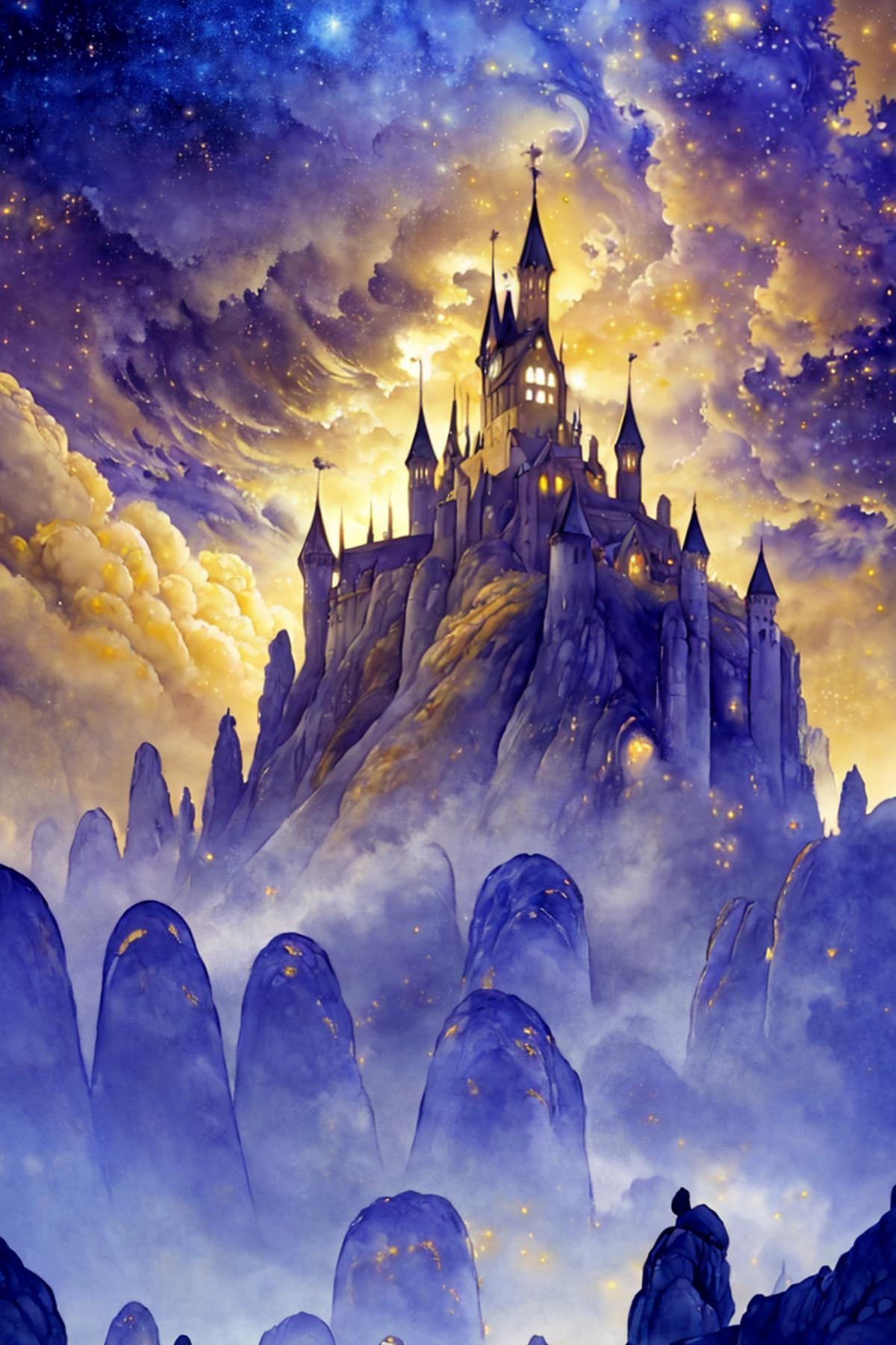 A painting of a castle with a yellow sky and purple clouds.