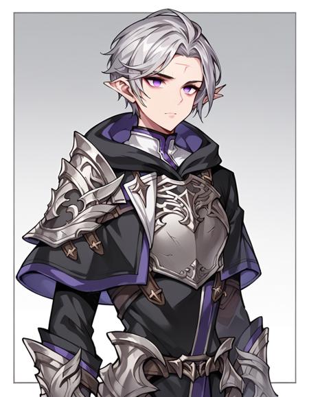 sliver hair, short hair, forhead, swept bangs, side bangs, forehead scar, purple eyes, empty eyes, elf ears with the left end slightly cut off, armored robe,