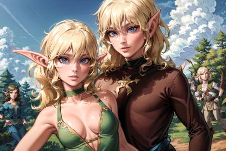 <lora:style_elfquest-37:0.5> eqstyle, elf, multiple elves, clothing variety, pointy ears, forest, blue sky, dynamic pose, high contrast, sharp focus, masterpiece, best quality, highly detailed, HDR, highest quality, highres, sharp focus, 8k, 16k, skin pores, dynamic lights, realistic shadows, best shading, award winning masterpiece