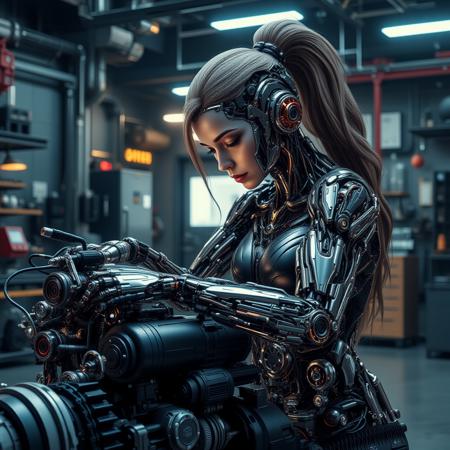 real estate photography style a cyborg girl with intricate mechanical arms working on a powerful engine in a high-tech garage, merging beauty with function in a gritty cyberpunk environment. professional, inviting, well-lit, high-resolution, property-focused, commercial, highly detailed