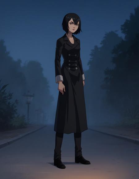 xalexandrax, black hair, short hair, brown eyes black coat, shoes black tank top, fingerless gloves, pants, shoes