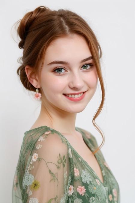 HD, perfect quality, 16k, very detailed,  a beautiful 21yo college girl with ginger hair in an updo, pale skin, wearing a calico floral dress, pink fleckes, green eyes, slim, detailed skin, hair behind ear, smiling proudly, standing in front of white background